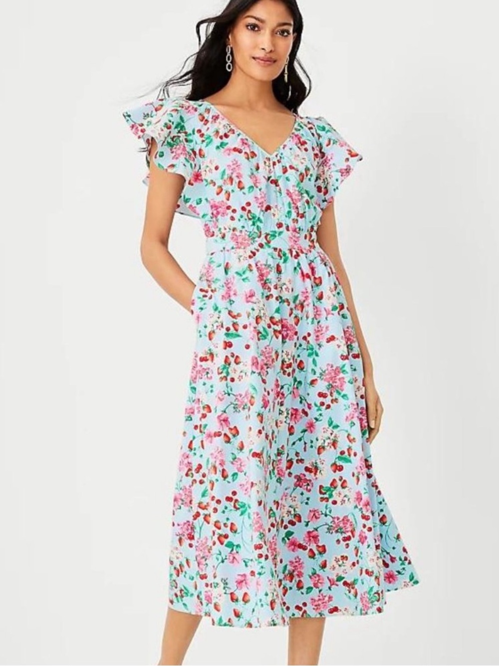 Like New Ann Taylor Strawberry Cherry Flutter Sleeve Poplin V-Neck Dress size 8